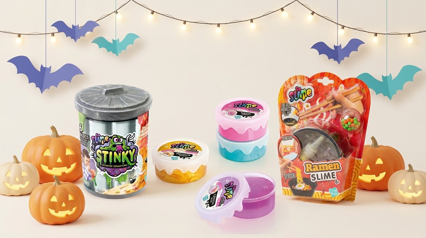 Halloween Spielzeug für Kinder: Stinky Slime, Collectible Slime Pots und Ramen Slime von Canal Toys mit Kürbissen