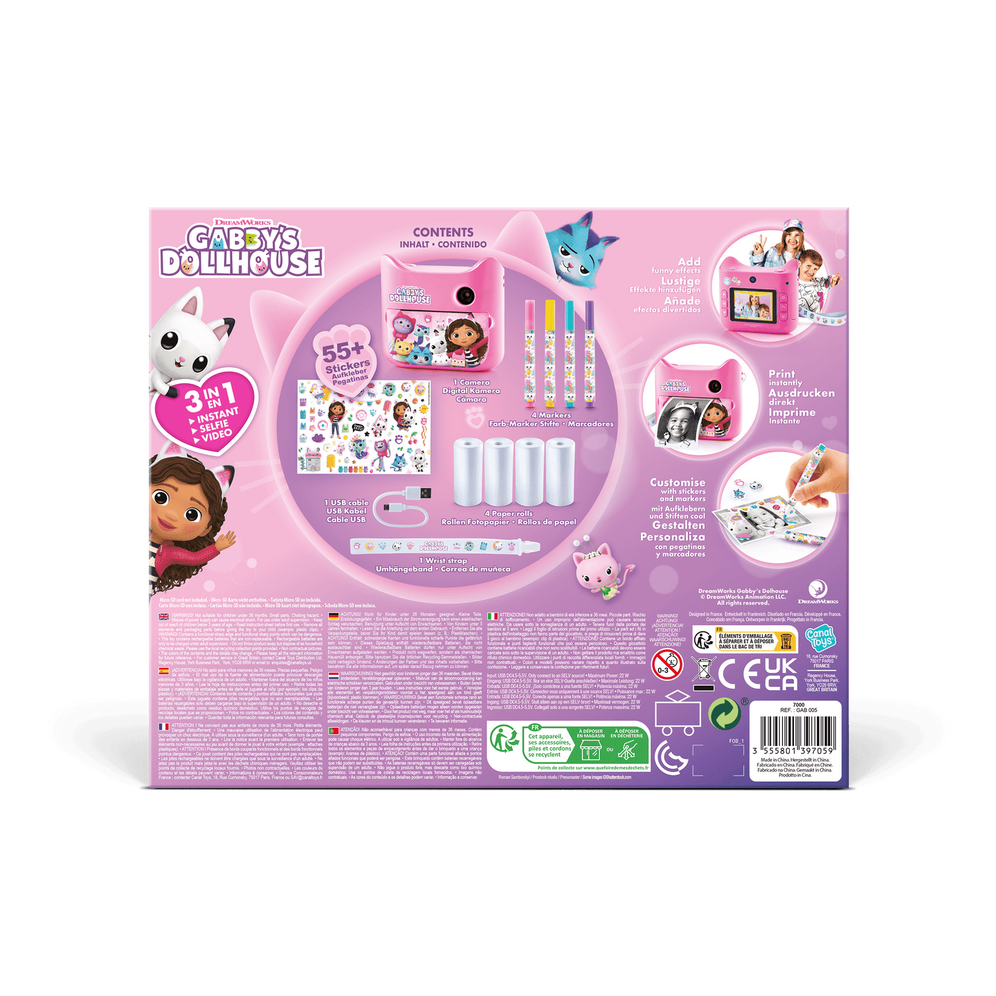 Gabby y La Casa Mágica - Cámara de Fotos de Impresión Instantánea sin Tinta con 4 Rolos de Papel y 4 Rotuladores  - PPC 037 - CanalToys