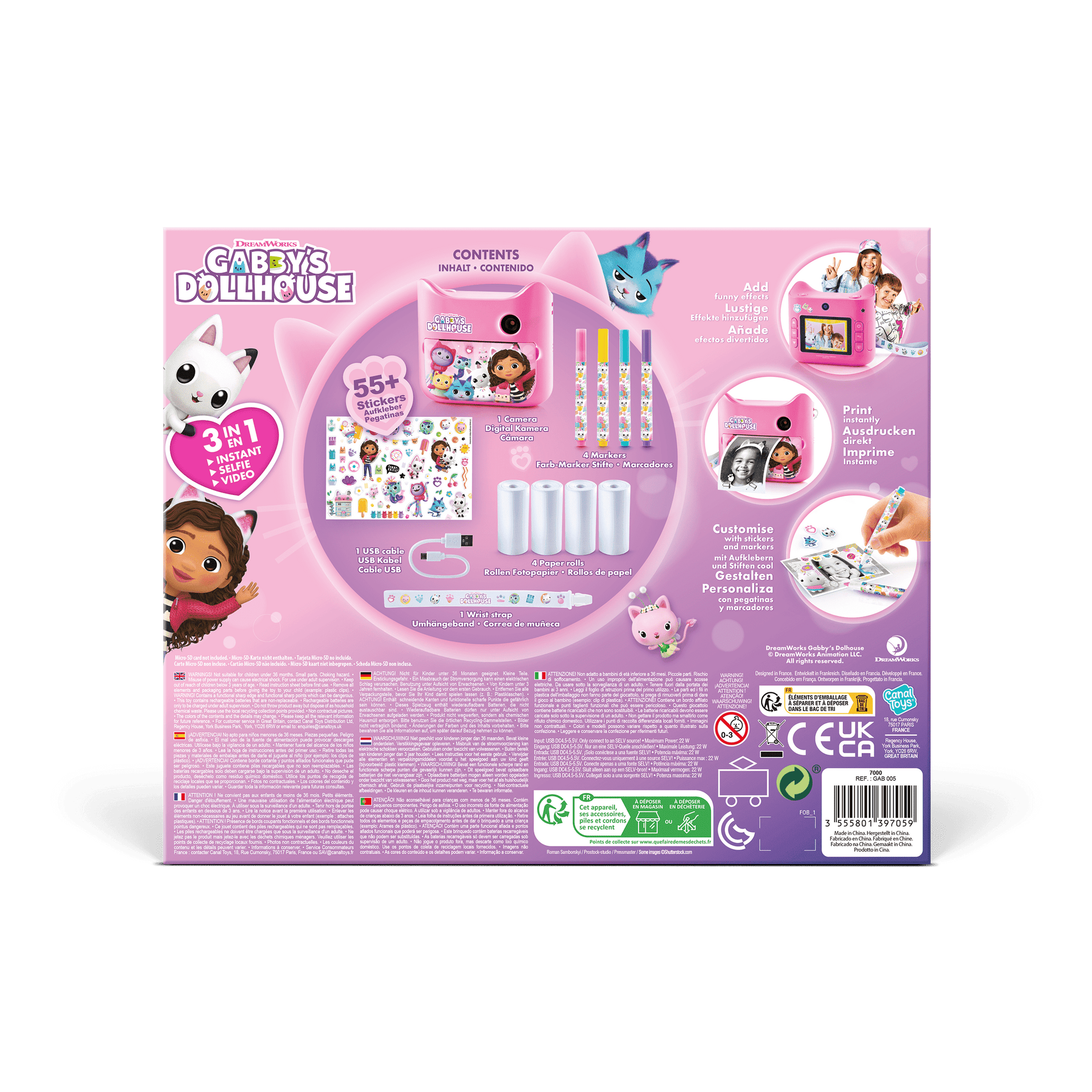 Gabby y La Casa Mágica - Cámara de Fotos de Impresión Instantánea sin Tinta con 4 Rolos de Papel y 4 Rotuladores  - PPC 037 - CanalToys