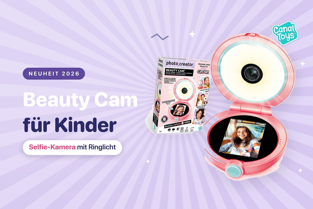 Beauty Cam von Canal Toys: aufgeklappte Selfie-Kamera mit leuchtendem Ringlicht, Touchscreen und Verpackung