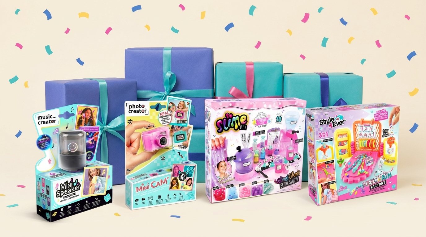 Geschenke für Kinder von Canal Toys: Mini Speaker, Kinderkamera, Slime Glam Studio und Keychain Factory mit Geschenkboxen