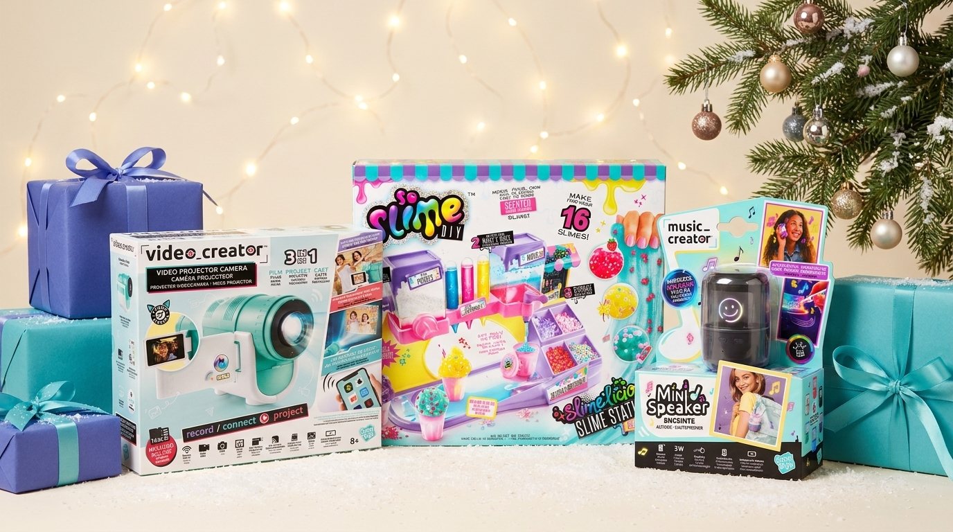 Weihnachtsgeschenke für Kinder: Camera Projector, Slime Station und Mini Speaker von Canal Toys unterm Weihnachtsbaum